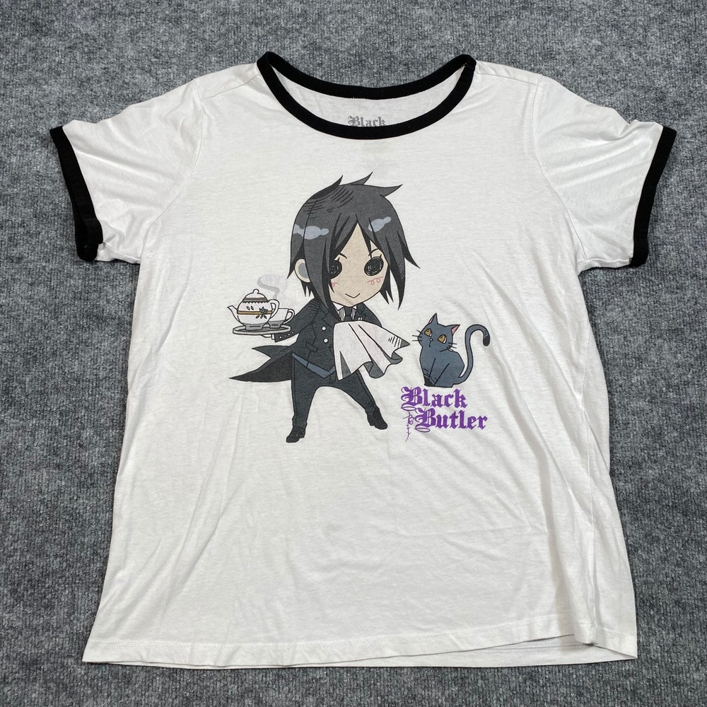 Black Butler Sebastian Michaelis Chibi Anime Ringer T-Shirt White Black 2XL
